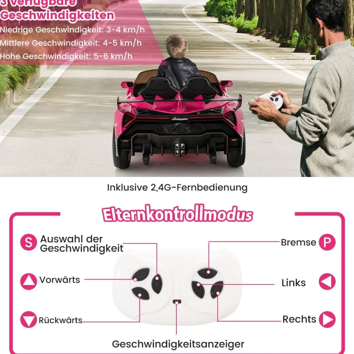 Kinder Lamborghini Elektroauto mit Fernbedienung & LED Scheinwerfer & Hupe & Musik Kinderfahrzeug