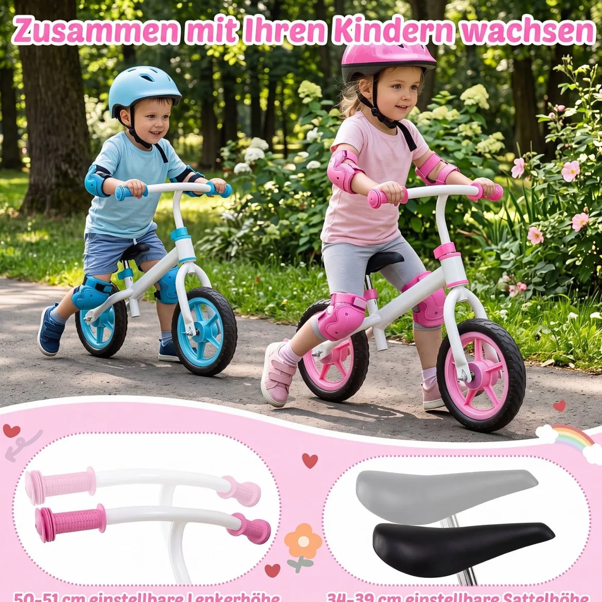 Kinderlaufrad mit Höhenverstellbarem Lenker für Kinder ab 3 Jahren Tragkraft 20 kg Rosa