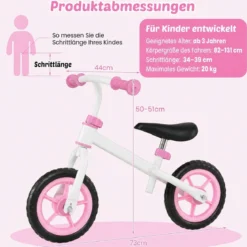 Kinderlaufrad mit Höhenverstellbarem Lenker für Kinder ab 3 Jahren Tragkraft 20 kg Rosa