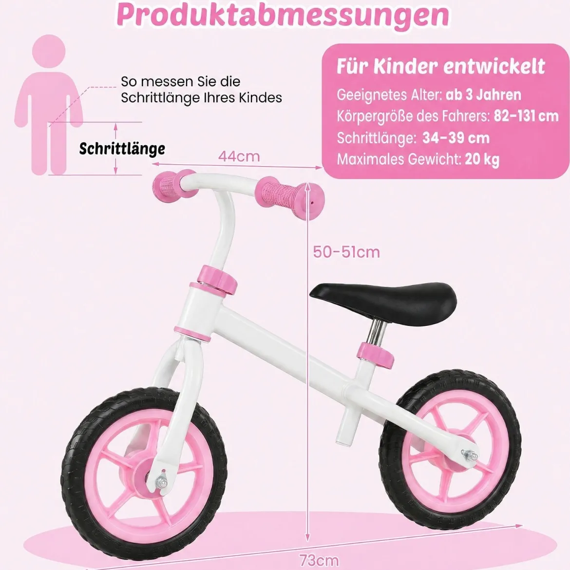 Kinderlaufrad mit Höhenverstellbarem Lenker für Kinder ab 3 Jahren Tragkraft 20 kg Rosa