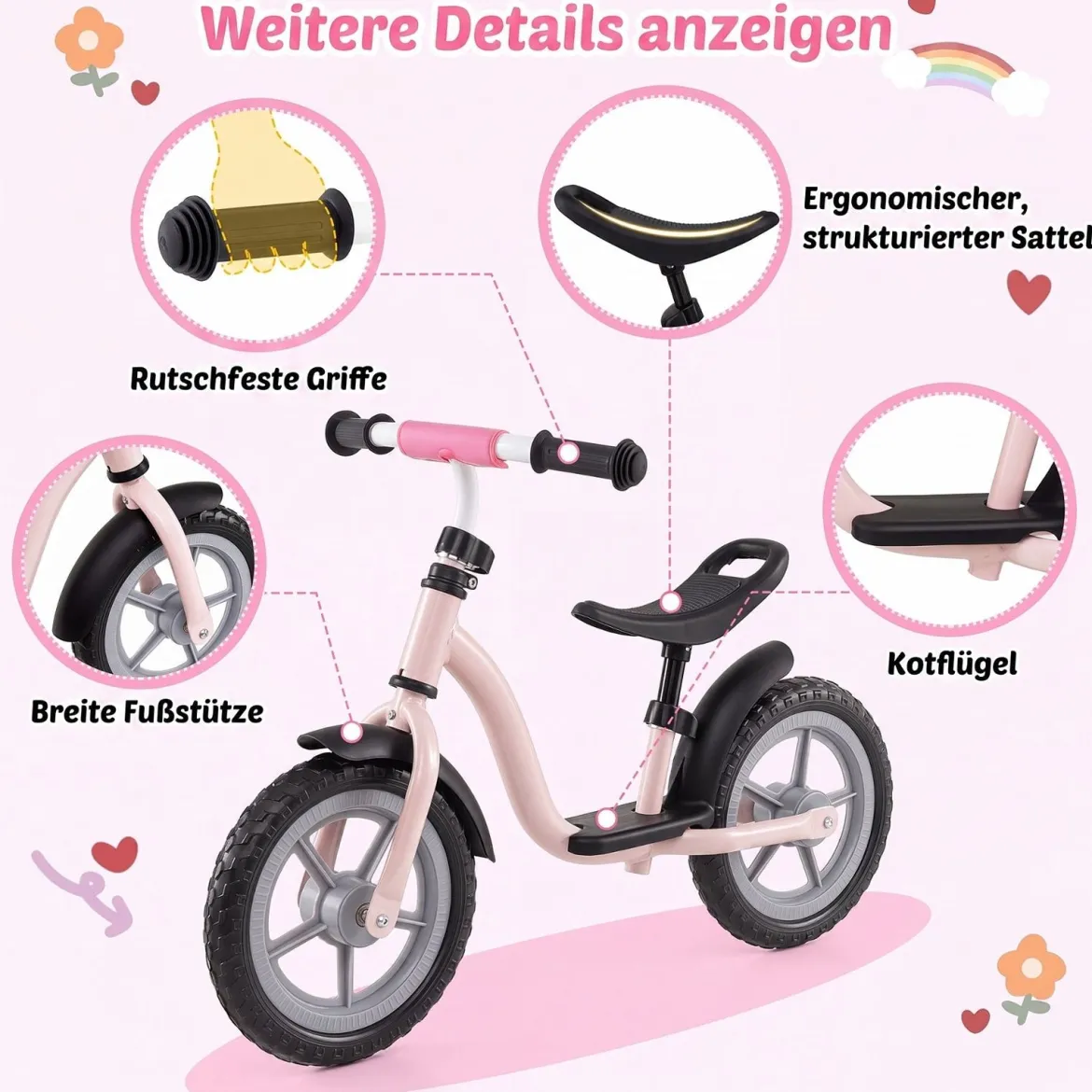 Kinderlaufrad mit Mehrfach Verstellbarem Sattel & Lenker für Kinder ab 3 Jahren Rosa
