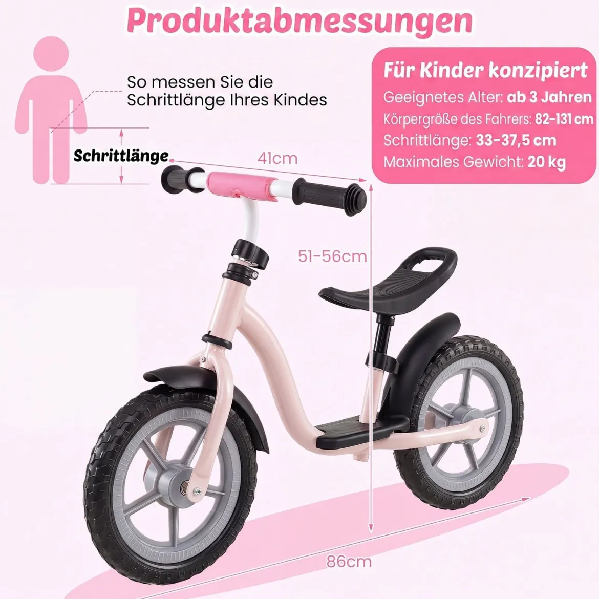 Kinderlaufrad mit Mehrfach Verstellbarem Sattel & Lenker für Kinder ab 3 Jahren Rosa