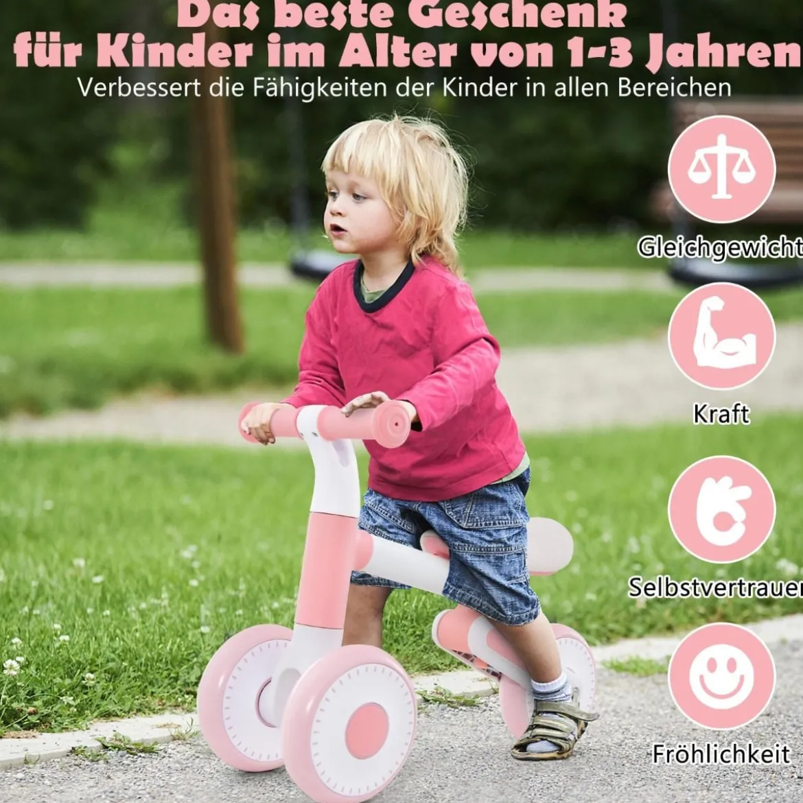 Kinder Laufrad mit Verstellbarer Sitzhöhe & Klappbarem Design Lauflernrad ab 1 Jahre Rosa