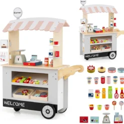 Kinder Lebensmittelwagen aus Holz auf 3 Rädern mit Kasse Foodtruck für Kinder ab 3 J. Grau
