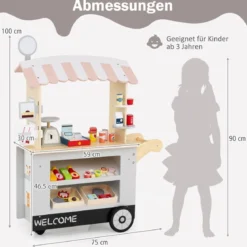 Kinder Lebensmittelwagen aus Holz auf 3 Rädern mit Kasse Foodtruck für Kinder ab 3 J. Grau