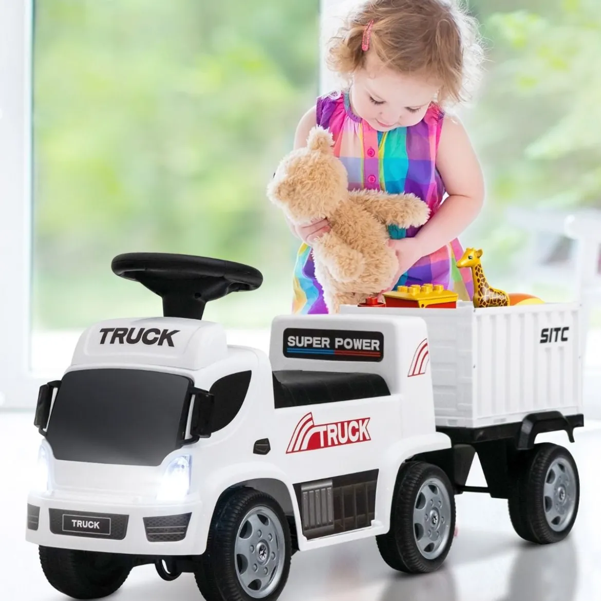 Kinder LKW mit Anhänger & Lenkrad & Musik für Kinder von 18–36 Monaten Weiß