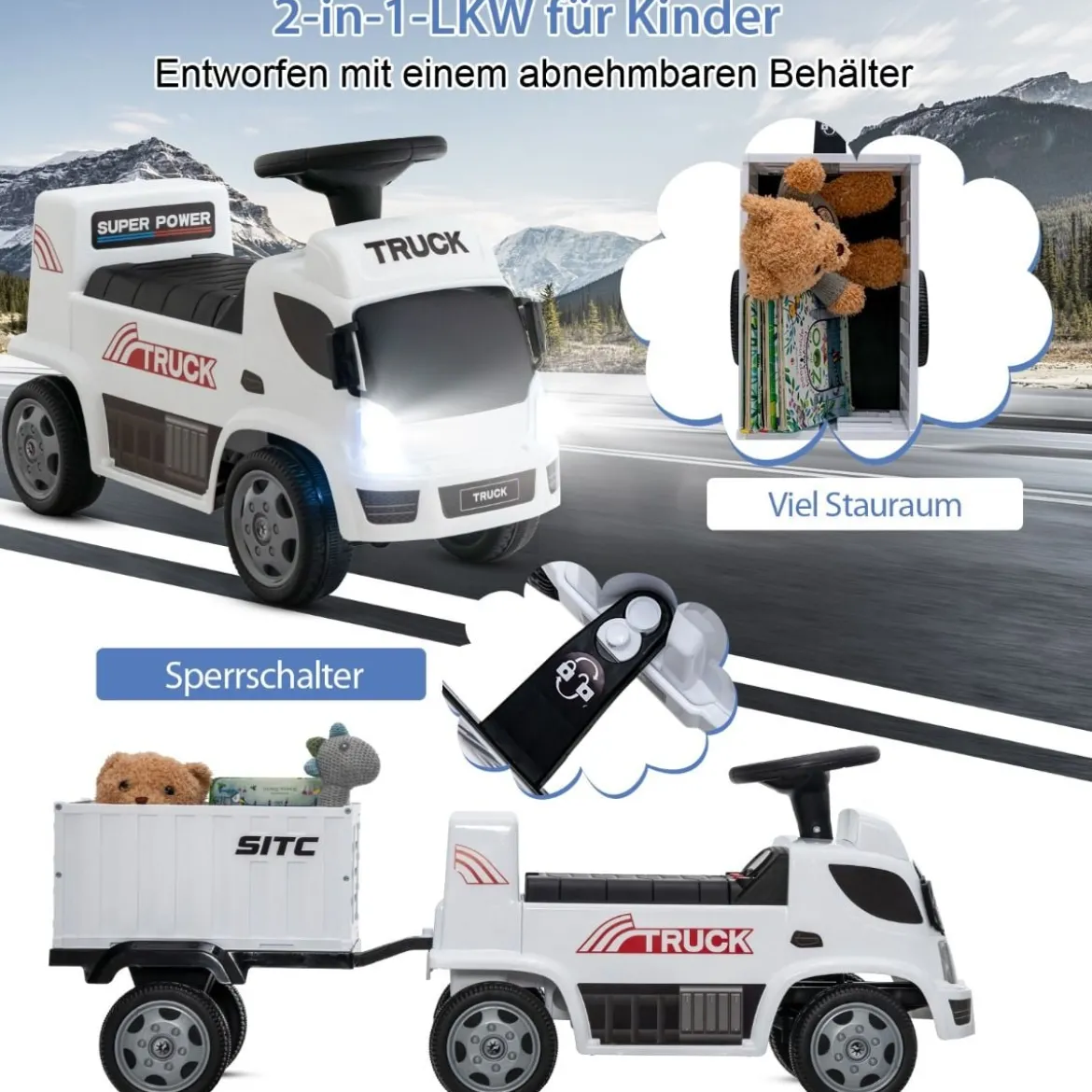Kinder LKW mit Anhänger & Lenkrad & Musik für Kinder von 18–36 Monaten Weiß
