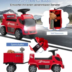 Kinder LKW mit Anhänger & Lenkrad & Musik für Kinder von 18–36 Monaten Rot