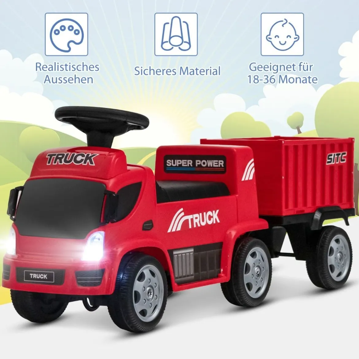 Kinder LKW mit Anhänger & Lenkrad & Musik für Kinder von 18–36 Monaten Rot