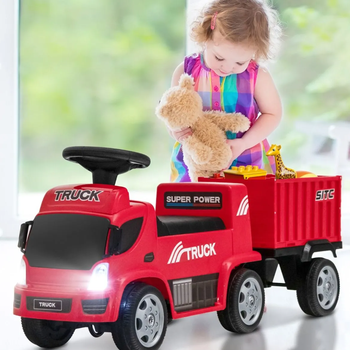 Kinder LKW mit Anhänger & Lenkrad & Musik für Kinder von 18–36 Monaten Rot