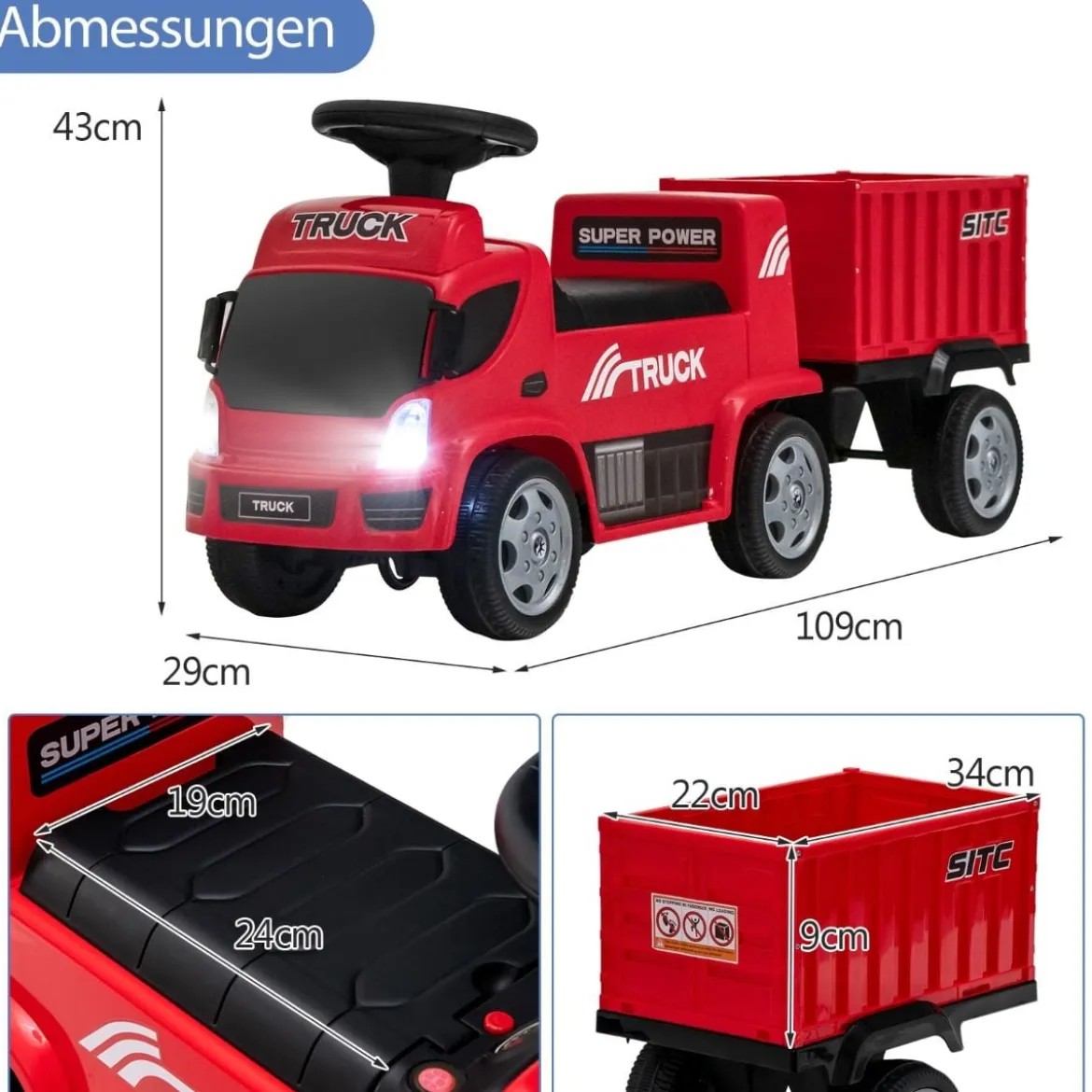 Kinder LKW mit Anhänger & Lenkrad & Musik für Kinder von 18–36 Monaten Rot