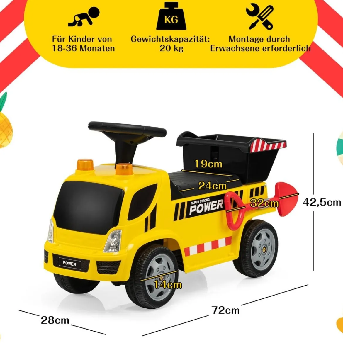 Kinder LKW mit Kippeimer & abnehmbarer Schaufel für Kinder im Alter von 18–36 M. Gelb