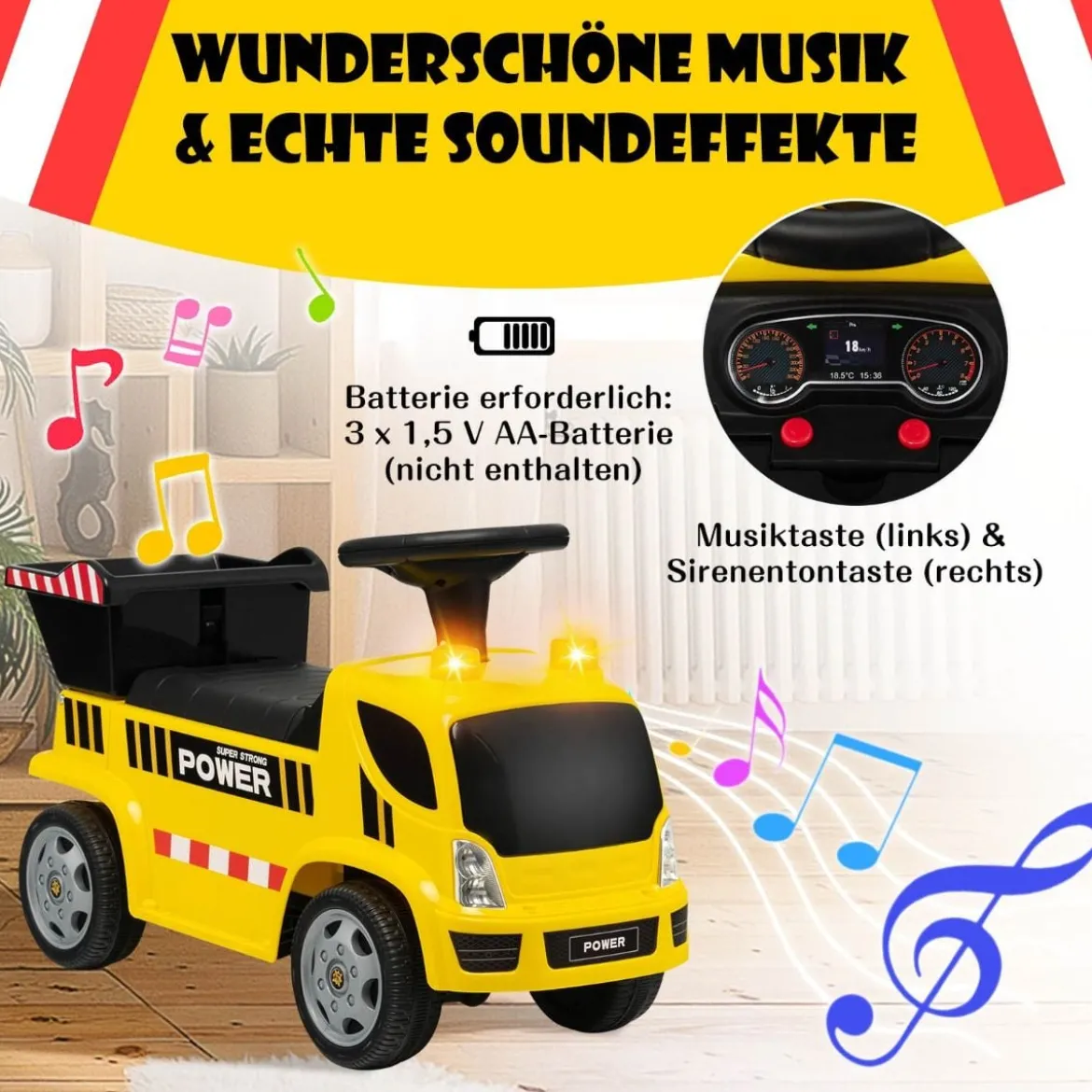 Kinder LKW mit Kippeimer & abnehmbarer Schaufel für Kinder im Alter von 18–36 M. Gelb