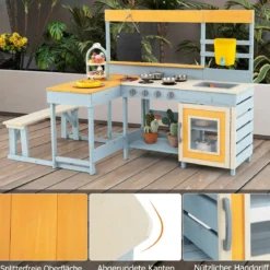 Kinder Matschenküche Fichtenholz Picknicktisch Bank Tafel Wasserbehälter Spüle Zubehör Bunt