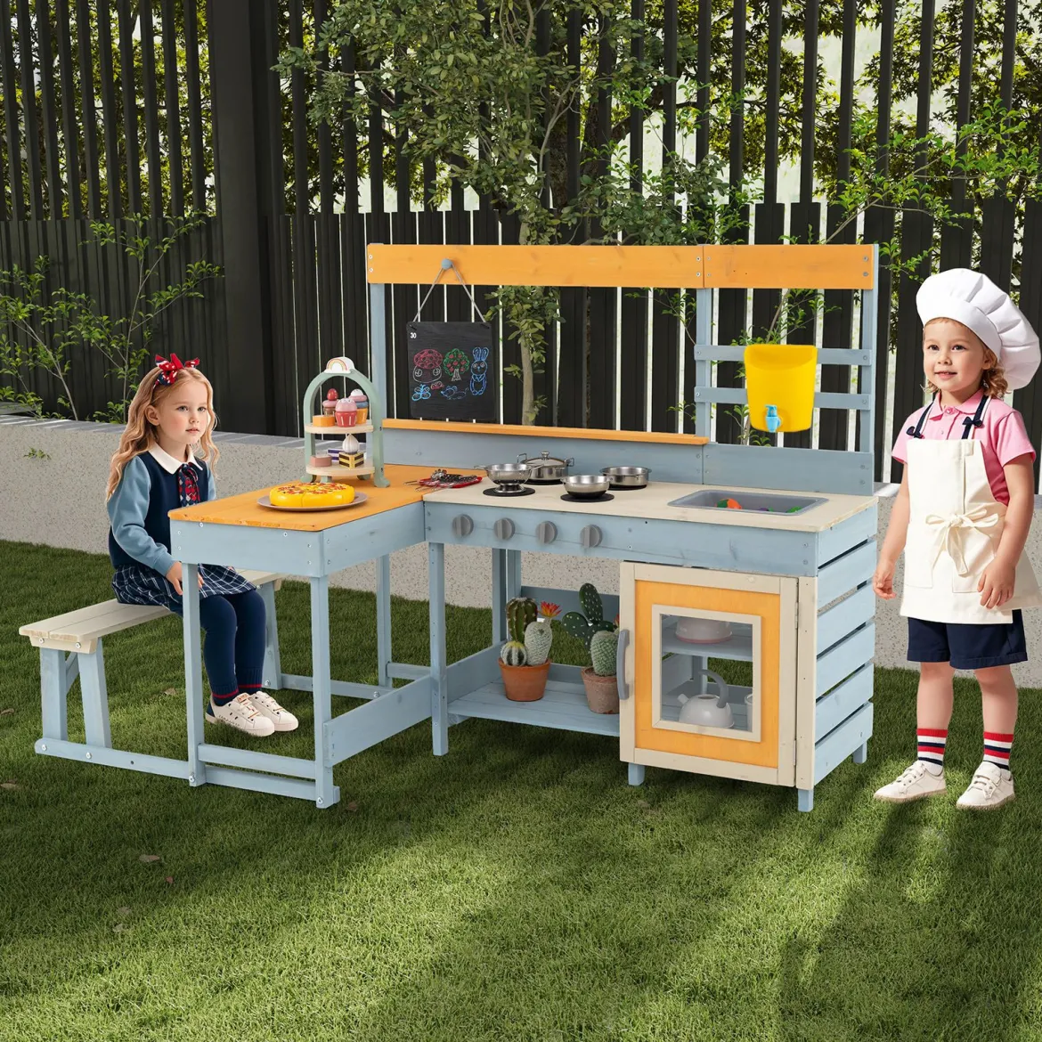 Kinder Matschenküche Fichtenholz Picknicktisch Bank Tafel Wasserbehälter Spüle Zubehör Bunt
