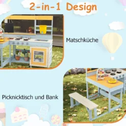 Kinder Matschenküche Fichtenholz Picknicktisch Bank Tafel Wasserbehälter Spüle Zubehör Bunt