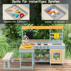 Kinder Matschenküche Fichtenholz Picknicktisch Bank Tafel Wasserbehälter Spüle Zubehör Bunt