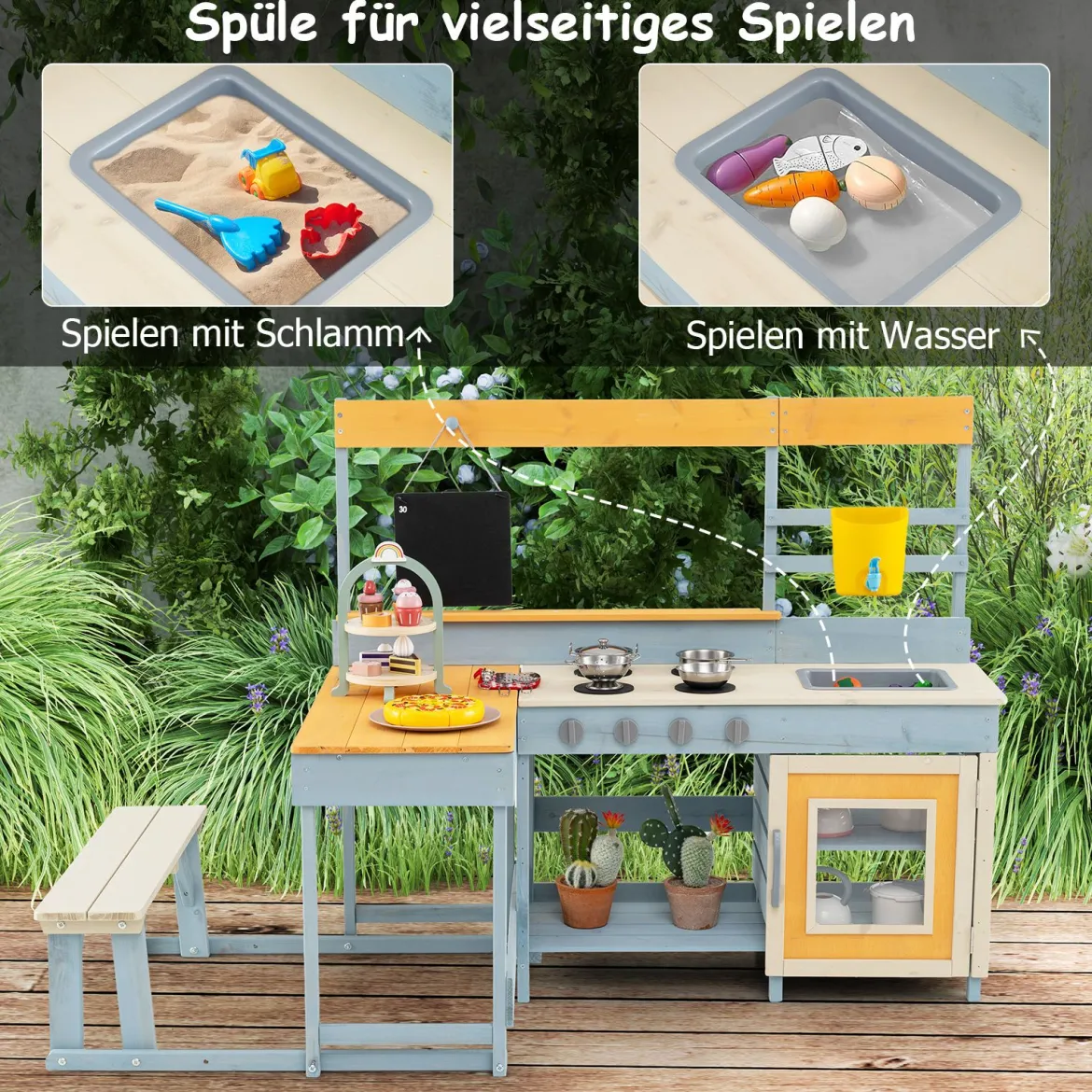 Kinder Matschenküche Fichtenholz Picknicktisch Bank Tafel Wasserbehälter Spüle Zubehör Bunt