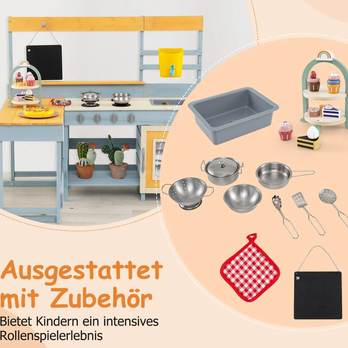 Kinder Matschenküche Fichtenholz Picknicktisch Bank Tafel Wasserbehälter Spüle Zubehör Bunt