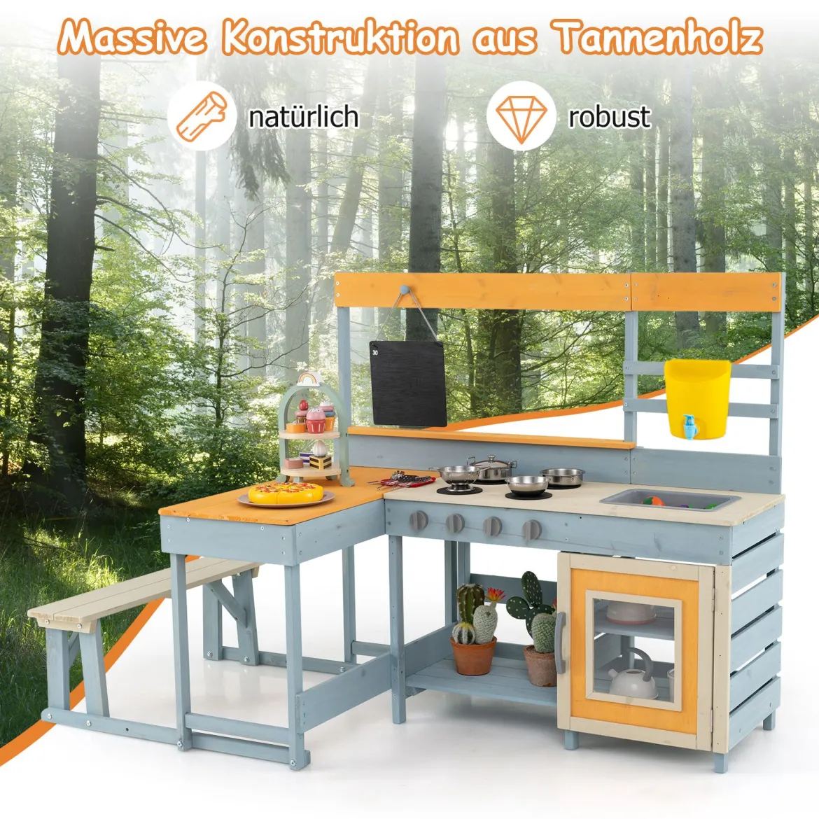 Kinder Matschenküche Fichtenholz Picknicktisch Bank Tafel Wasserbehälter Spüle Zubehör Bunt