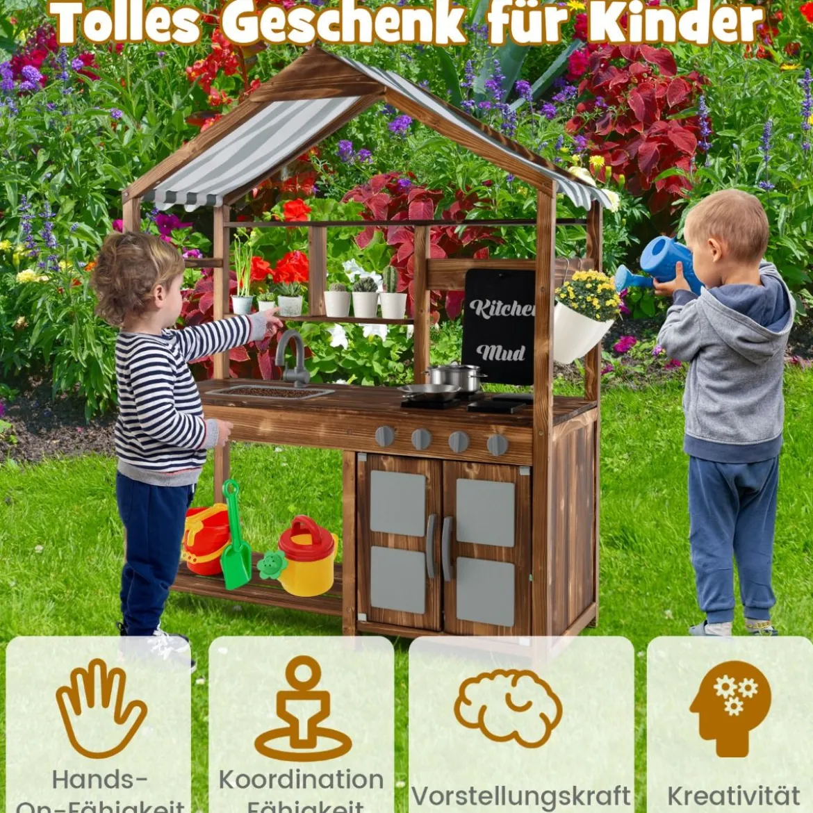 Kinder Matschküche aus Massivholz mit Vordach & Kreidetafel & Abnehmbarem Spülbecken