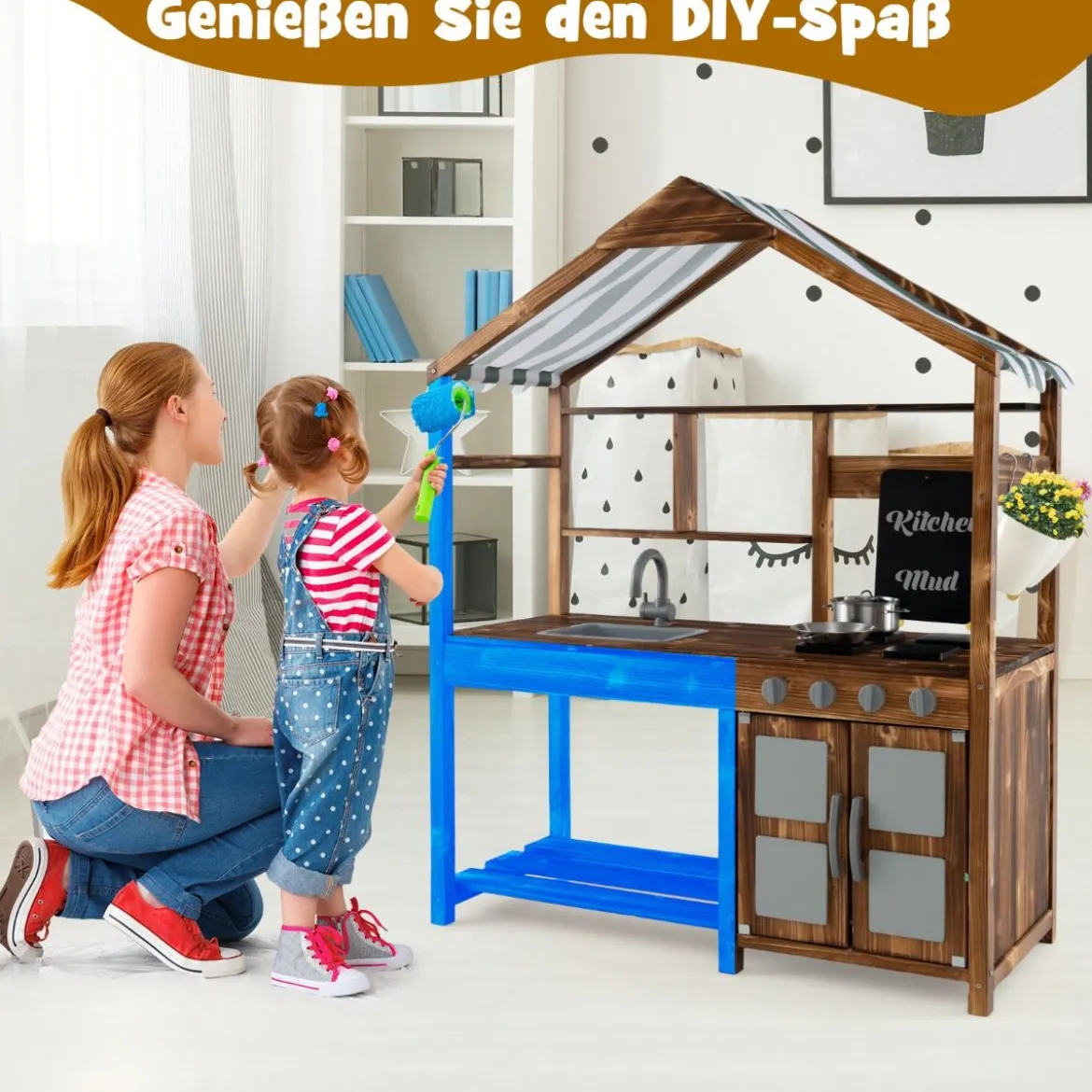 Kinder Matschküche aus Massivholz mit Vordach & Kreidetafel & Abnehmbarem Spülbecken