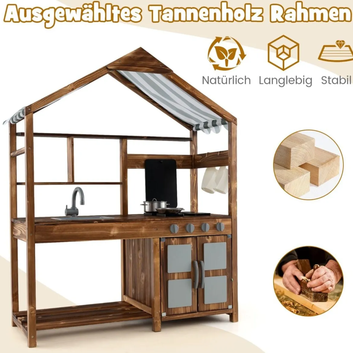 Kinder Matschküche aus Massivholz mit Vordach & Kreidetafel & Abnehmbarem Spülbecken