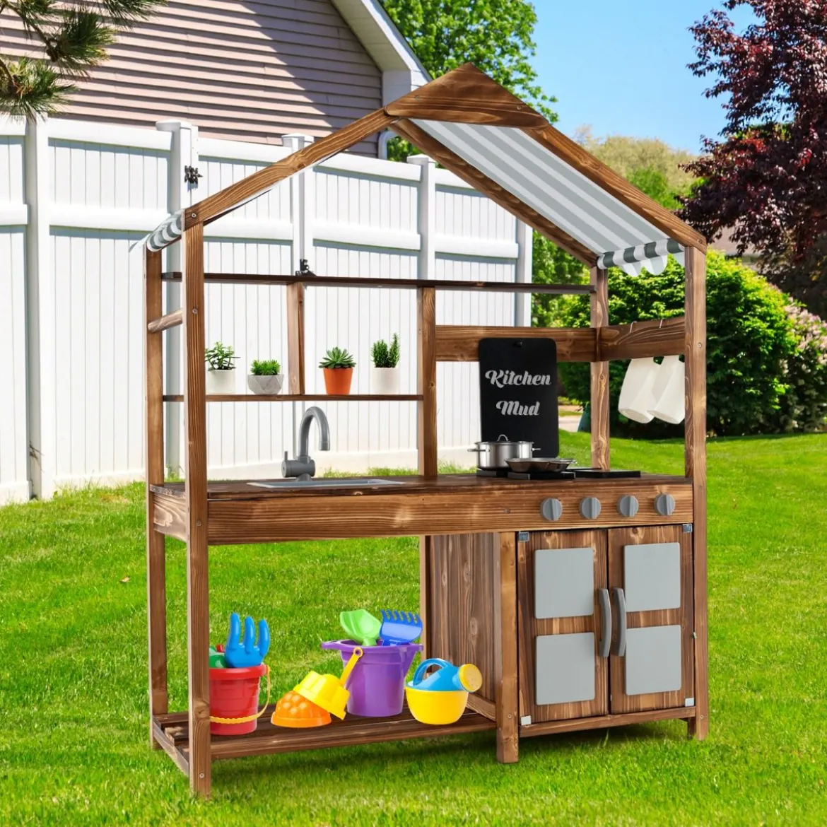 Kinder Matschküche aus Massivholz mit Vordach & Kreidetafel & Abnehmbarem Spülbecken