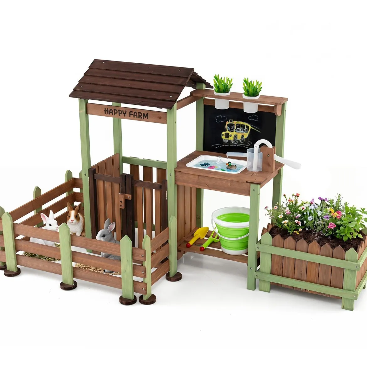 Kinder Matschküche Holz Gartenspielküche mit Pflanzkasten & 2 Blumentöpfen für Kinder ab 3 Jahren