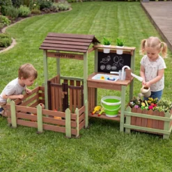 Kinder Matschküche Holz Gartenspielküche mit Pflanzkasten & 2 Blumentöpfen für Kinder ab 3 Jahren