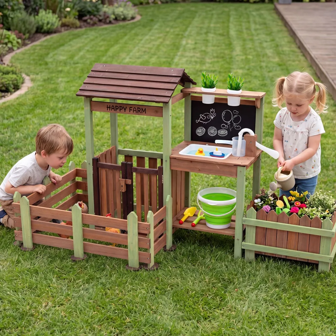 Kinder Matschküche Holz Gartenspielküche mit Pflanzkasten & 2 Blumentöpfen für Kinder ab 3 Jahren