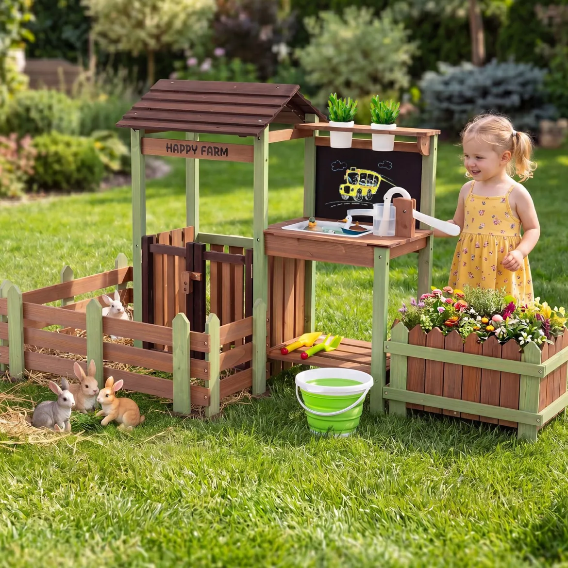 Kinder Matschküche Holz Gartenspielküche mit Pflanzkasten & 2 Blumentöpfen für Kinder ab 3 Jahren