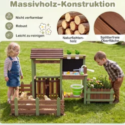 Kinder Matschküche Holz Gartenspielküche mit Pflanzkasten & 2 Blumentöpfen für Kinder ab 3 Jahren