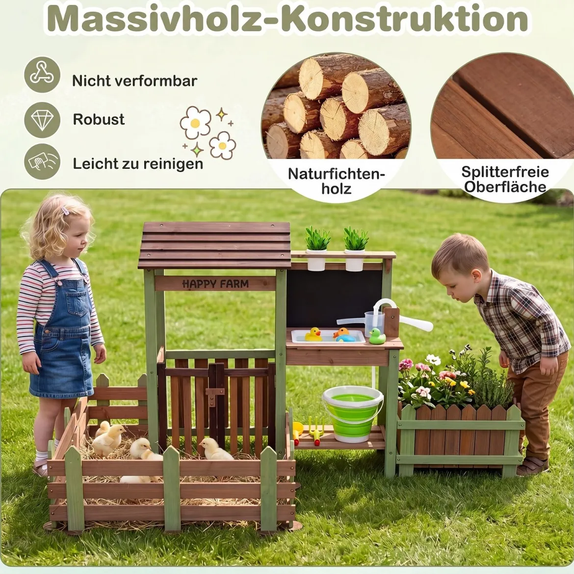Kinder Matschküche Holz Gartenspielküche mit Pflanzkasten & 2 Blumentöpfen für Kinder ab 3 Jahren