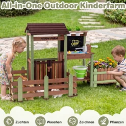 Kinder Matschküche Holz Gartenspielküche mit Pflanzkasten & 2 Blumentöpfen für Kinder ab 3 Jahren