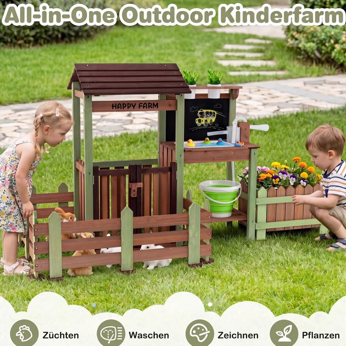 Kinder Matschküche Holz Gartenspielküche mit Pflanzkasten & 2 Blumentöpfen für Kinder ab 3 Jahren