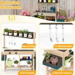 Kinder Matschküche mit Pflanzkasten & Rankgitter Outdoor Kinderküche mit Wasserfunktion Natur + Grün