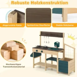 Kinder Matschküche mit Pflanzkasten & Rankgitter Outdoor Kinderküche mit Wasserfunktion Natur + Grün