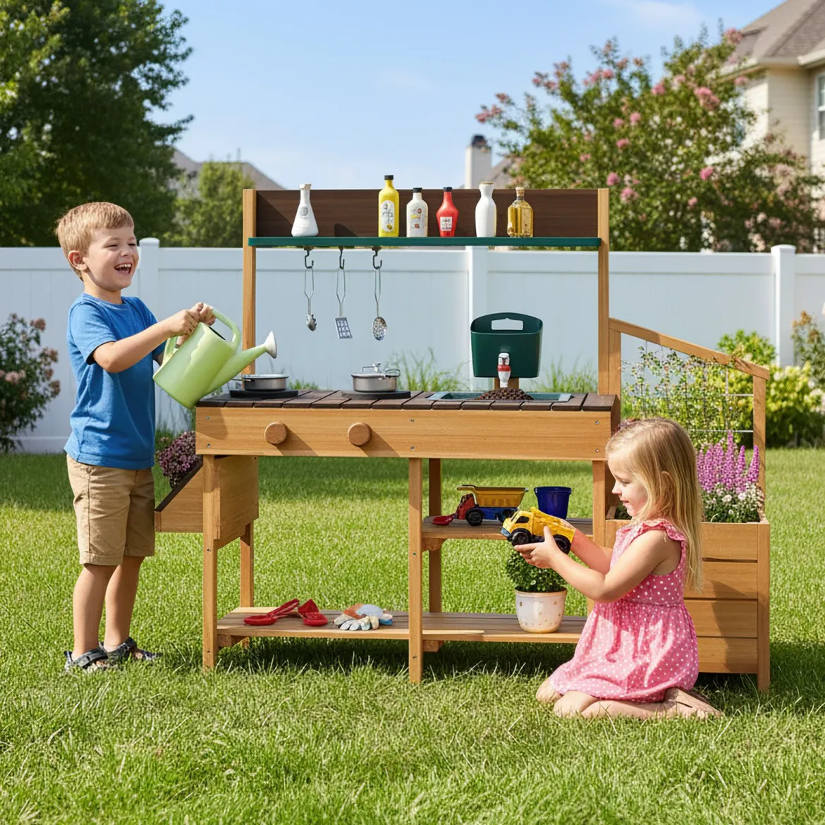 Kinder Matschküche mit Pflanzkasten & Rankgitter Outdoor Kinderküche mit Wasserfunktion Natur + Braun