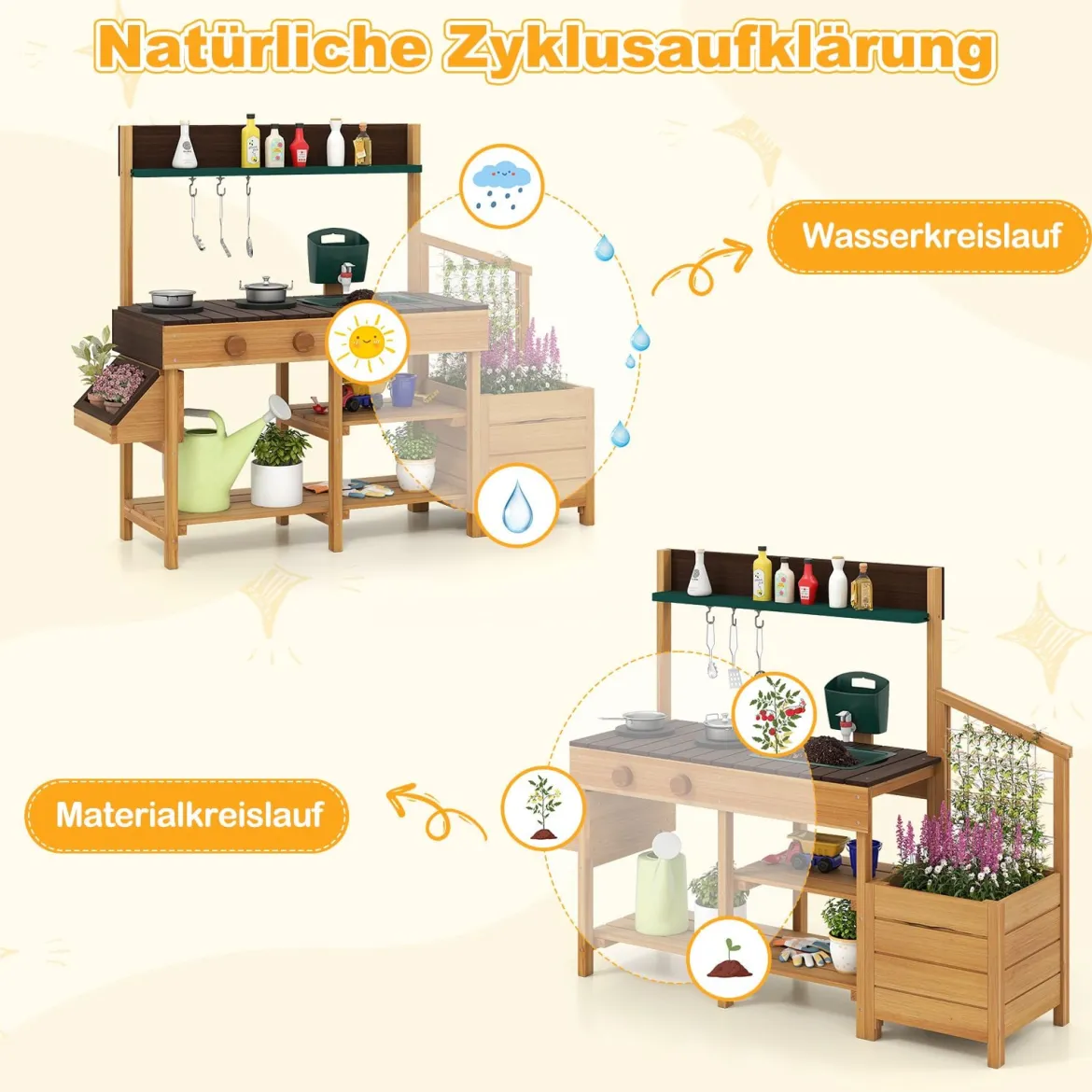 Kinder Matschküche mit Pflanzkasten & Rankgitter Outdoor Kinderküche mit Wasserfunktion Natur + Braun