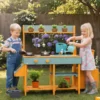Kinder Matschküche mit Pflanzkasten & Rankgitter Outdoor Kinderküche mit Wasserfunktion Gelb + Hellgrün