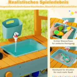 Kinder Matschküche mit Pflanzkasten & Rankgitter Outdoor Kinderküche mit Wasserfunktion Gelb + Hellgrün