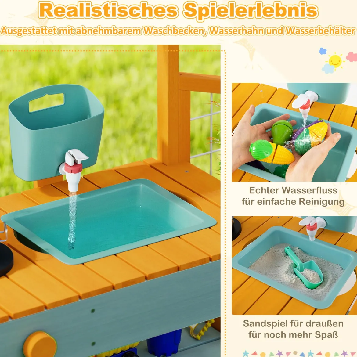 Kinder Matschküche mit Pflanzkasten & Rankgitter Outdoor Kinderküche mit Wasserfunktion Gelb + Hellgrün
