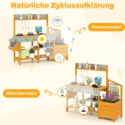 Kinder Matschküche mit Pflanzkasten & Rankgitter Outdoor Kinderküche mit Wasserfunktion Gelb + Hellgrün