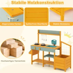 Kinder Matschküche mit Pflanzkasten & Rankgitter Outdoor Kinderküche mit Wasserfunktion Gelb + Hellgrün