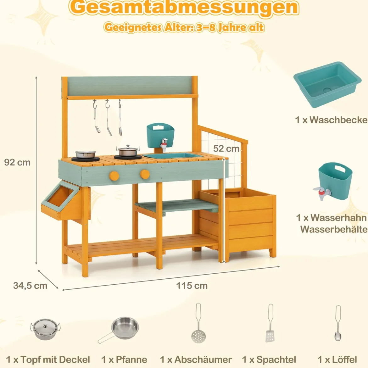 Kinder Matschküche mit Pflanzkasten & Rankgitter Outdoor Kinderküche mit Wasserfunktion Gelb + Hellgrün