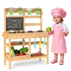 Kinder-Matschküche mit Tafel & Wasserhahn & Spülen & Blumentöpfen Holz Kinderküche