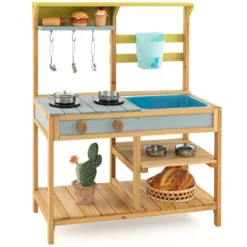 Kinder Matschküche mit Wasserfunktion & Haken & Abnehmbarem Regal Holz Kinderküche