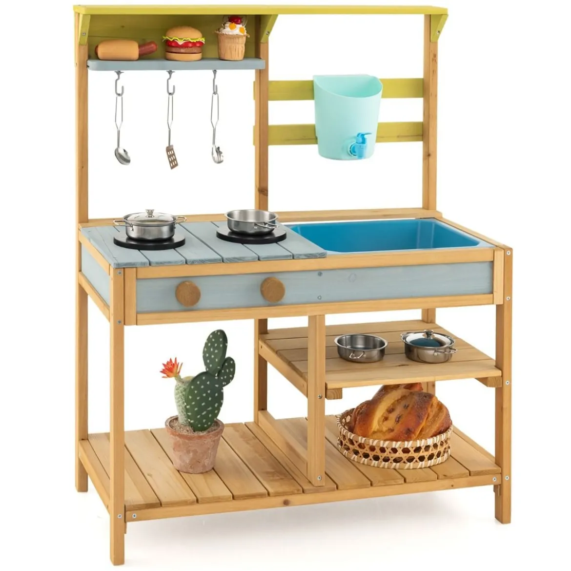 Kinder Matschküche mit Wasserfunktion & Haken & Abnehmbarem Regal Holz Kinderküche