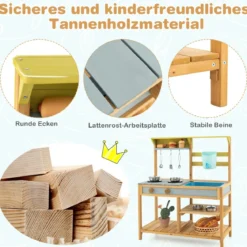 Kinder Matschküche mit Wasserfunktion & Haken & Abnehmbarem Regal Holz Kinderküche